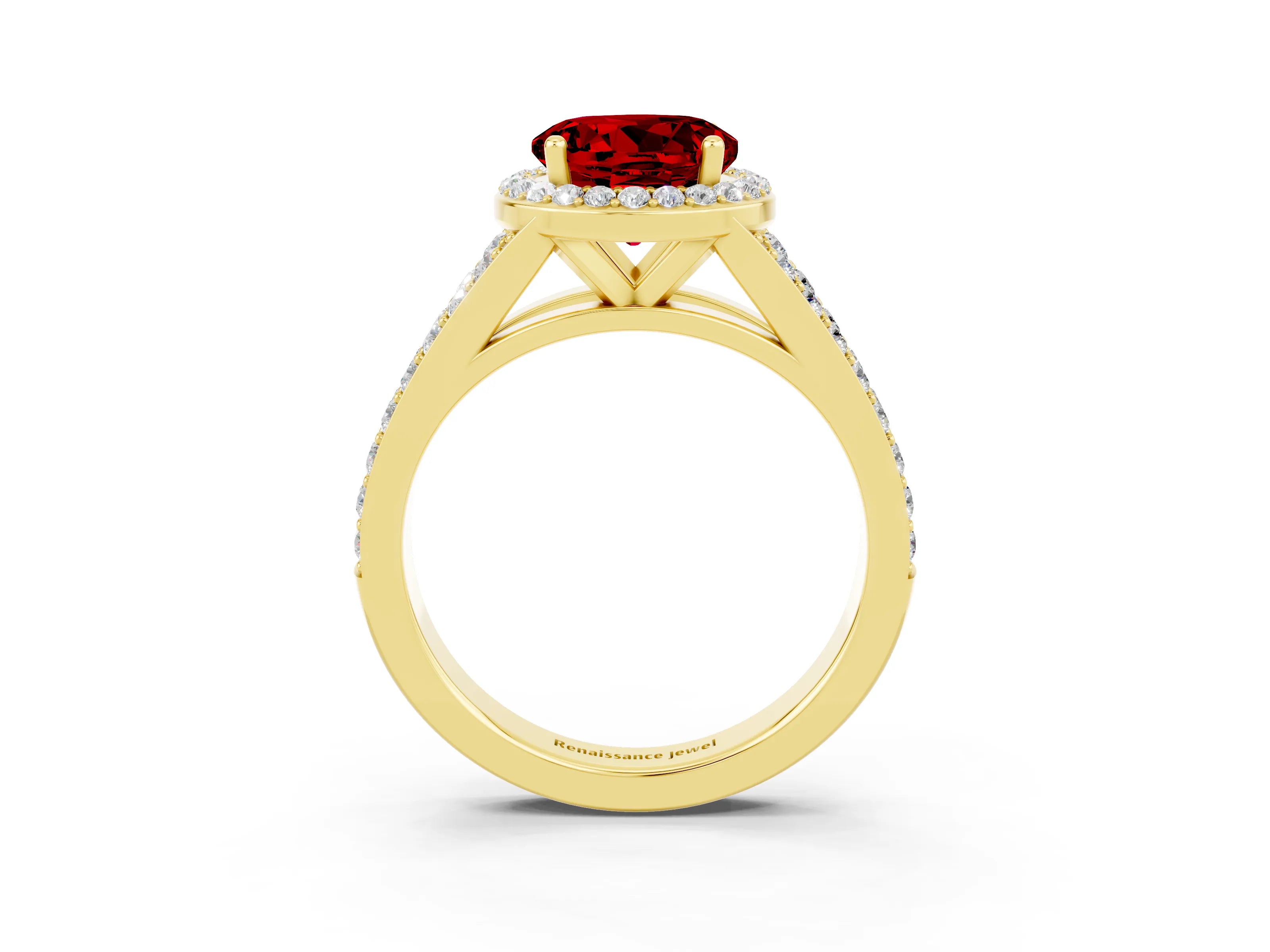 Yellow gold Round Cut Ruby Split Shank Halo Ring with Four-Prong Setting_15