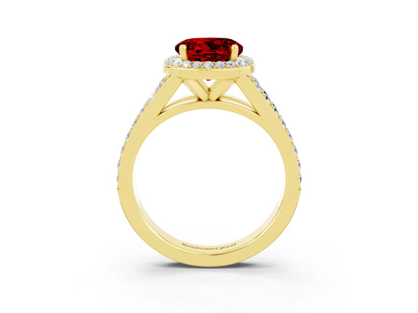 Yellow gold Round Cut Ruby Split Shank Halo Ring with Four-Prong Setting