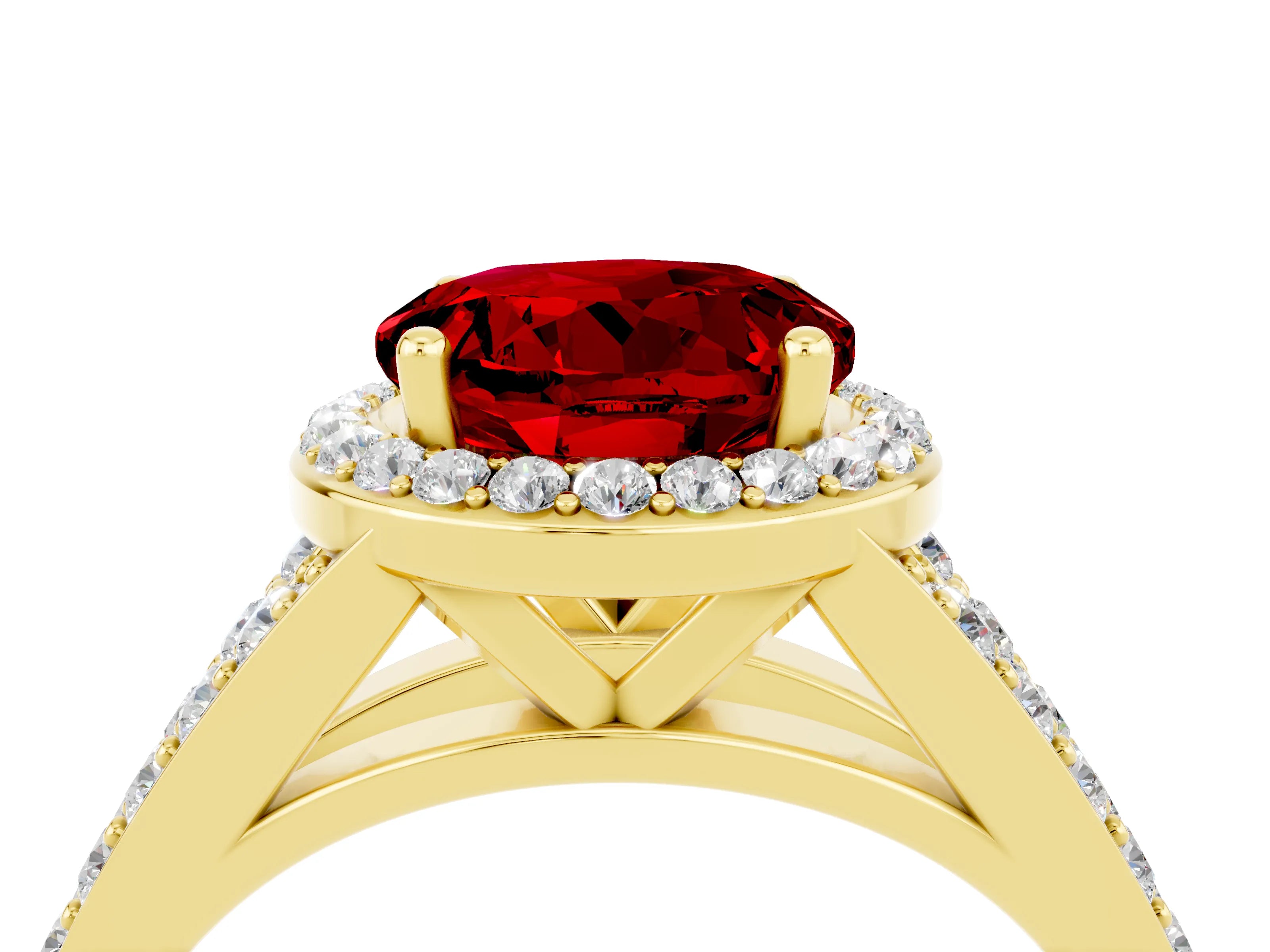 Yellow gold Round Cut Ruby Split Shank Halo Ring with Four-Prong Setting_16