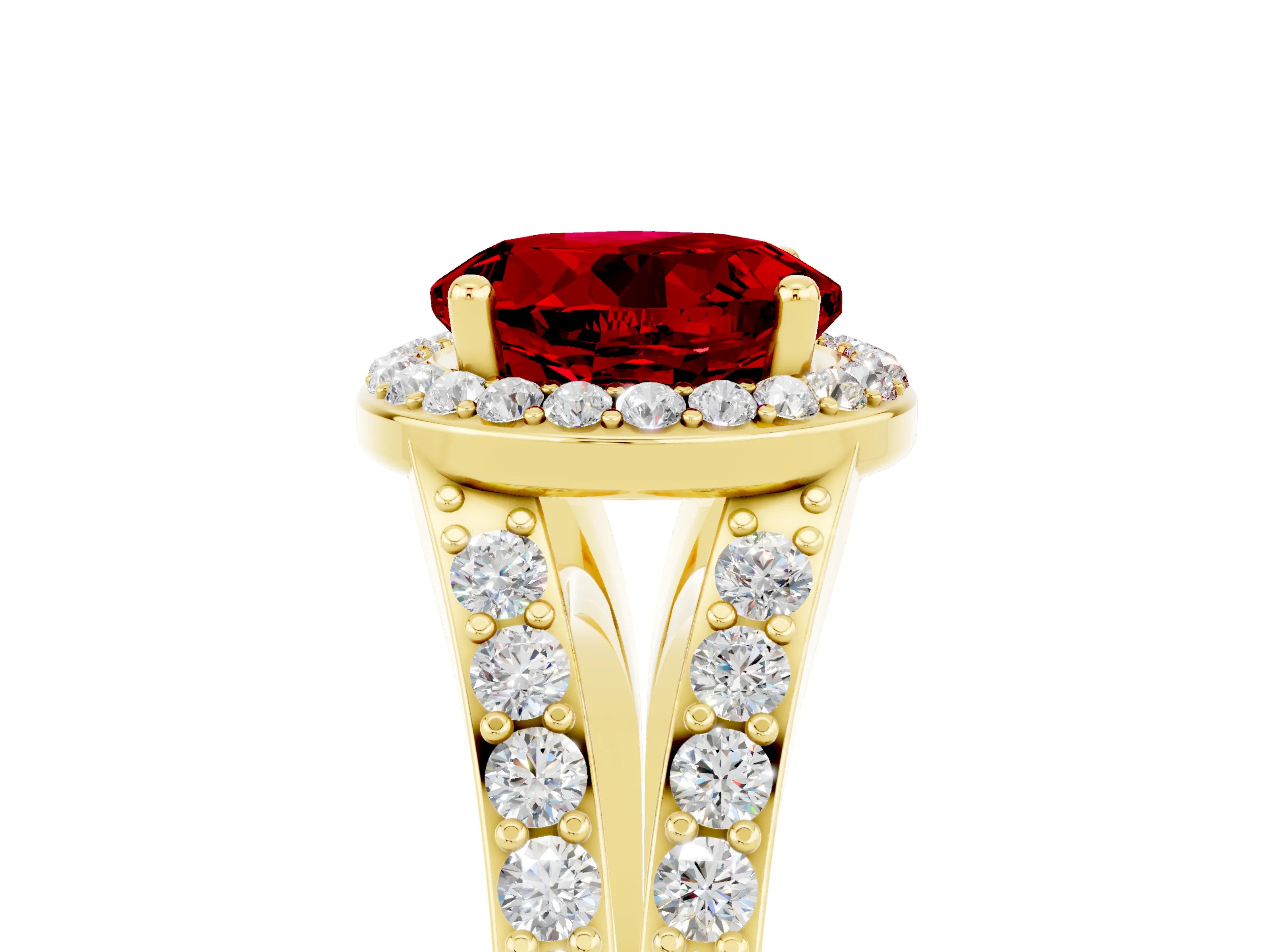 Yellow gold Round Cut Ruby Split Shank Halo Ring with Four-Prong Setting_17