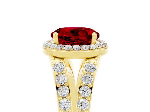 Yellow gold Round Cut Ruby Split Shank Halo Ring with Four-Prong Setting_17
