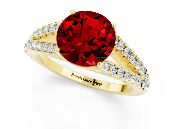 Yellow gold Round Cut Ruby Split Shank Pavé Engagement Ring with Four-Prong Setting