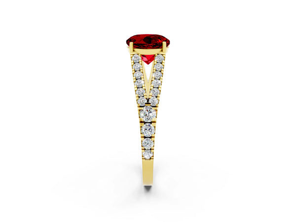 Yellow gold Round Cut Ruby Split Shank Pavé Engagement Ring with Four-Prong Setting