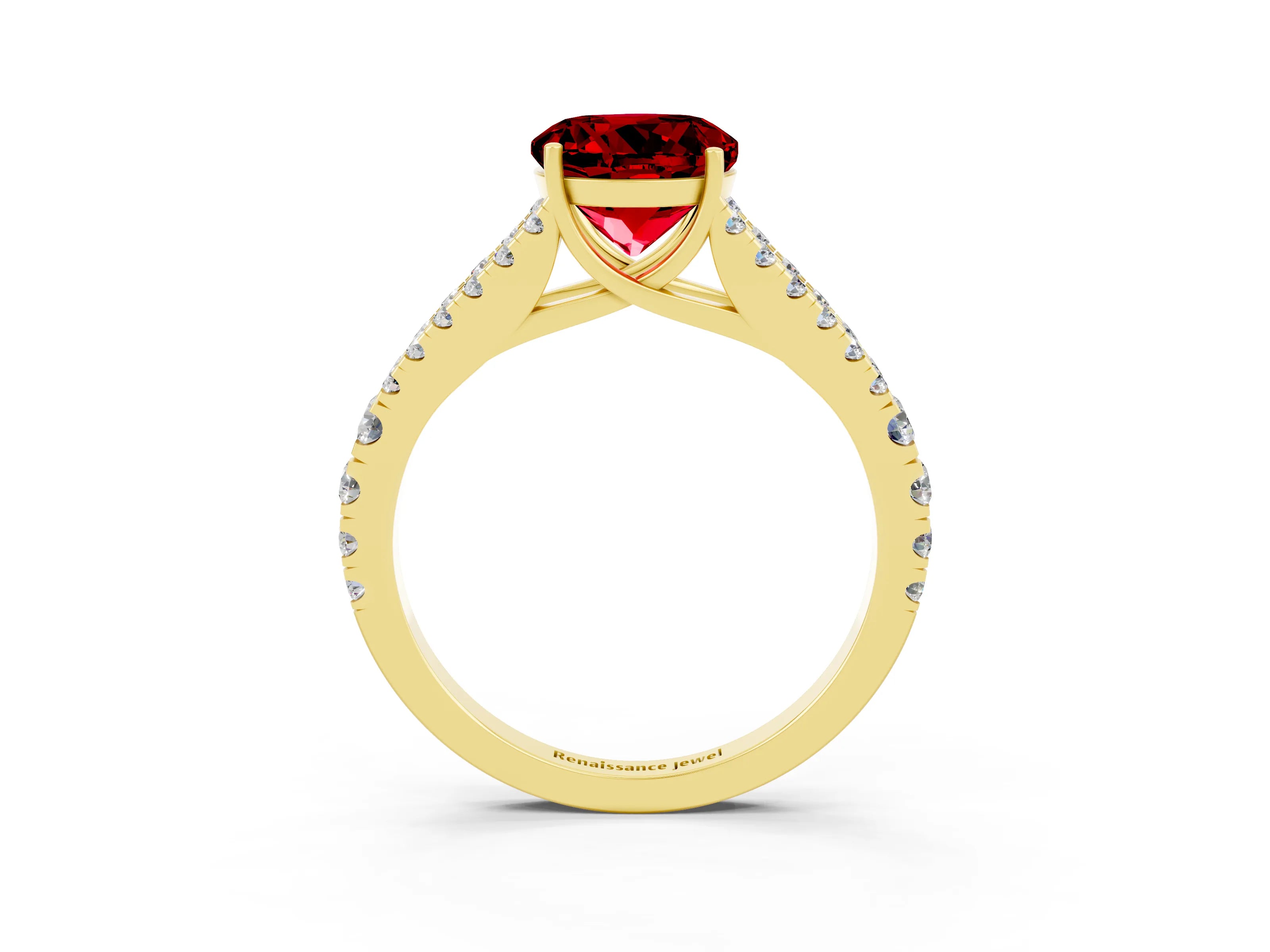 Yellow gold Round Cut Ruby Split Shank Pavé Engagement Ring with Four-Prong Setting_15