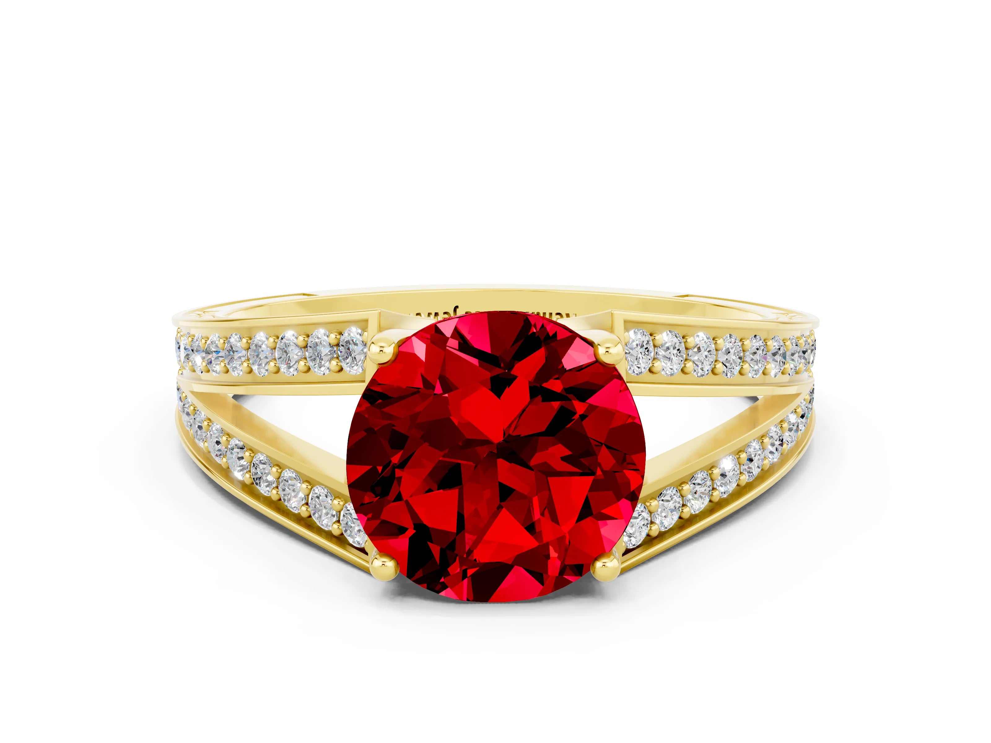 Yellow gold Round Cut Ruby Split Shank Ring with Pavé Band and Four-Prong Setting
