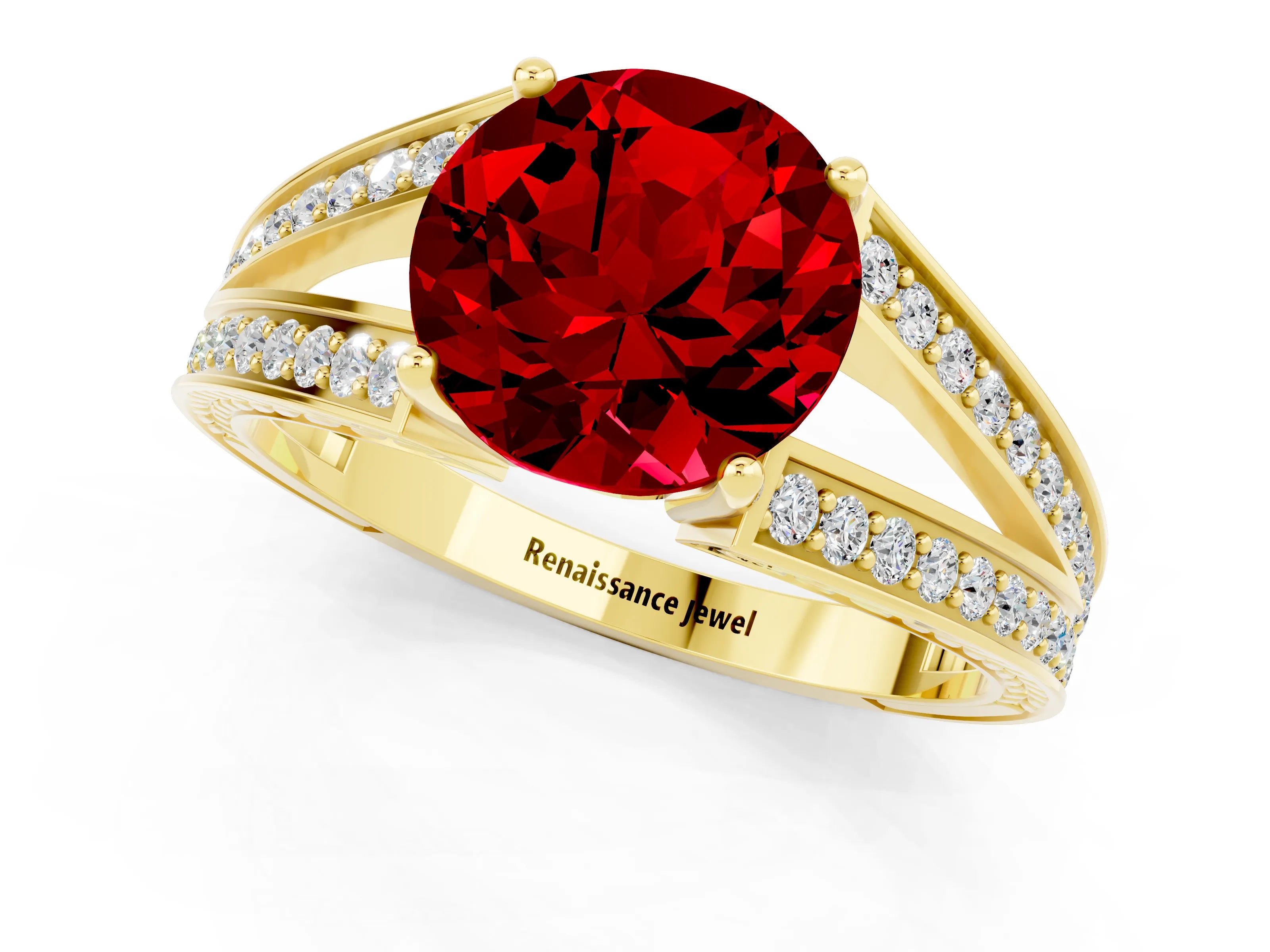 Yellow gold Round Cut Ruby Split Shank Ring with Pavé Band and Four-Prong Setting_1