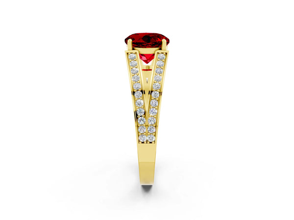 Yellow gold Round Cut Ruby Split Shank Ring with Pavé Band and Four-Prong Setting
