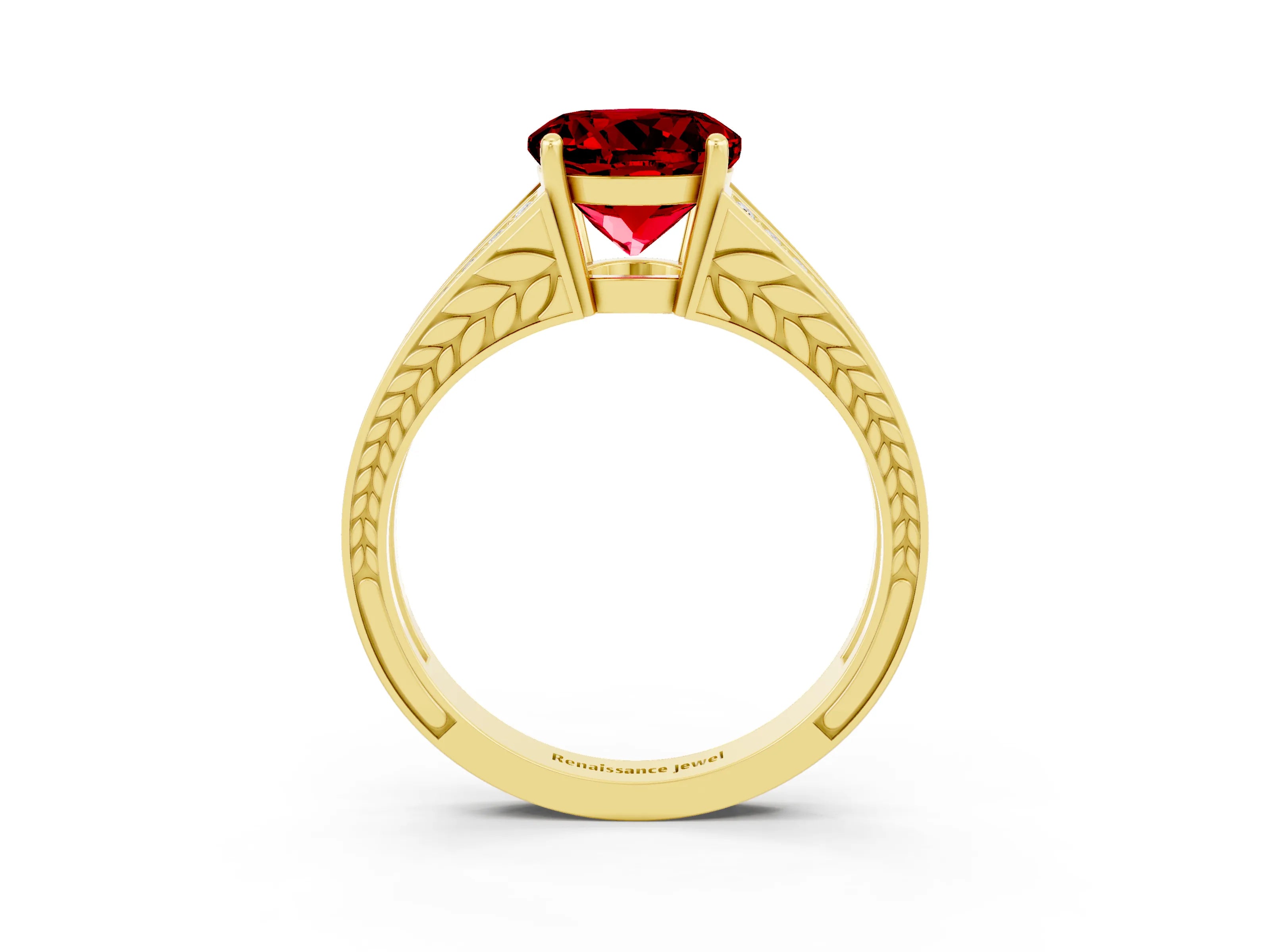 Yellow gold Round Cut Ruby Split Shank Ring with Pavé Band and Four-Prong Setting_3