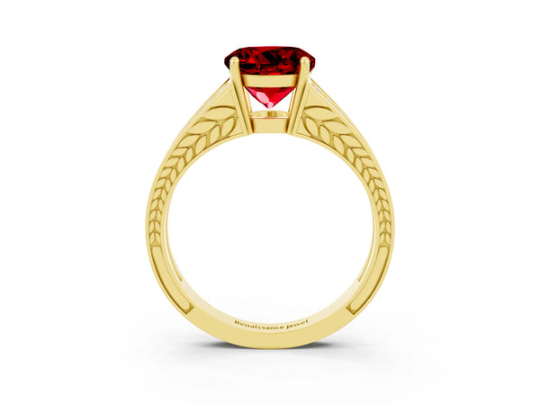 Yellow gold Round Cut Ruby Split Shank Ring with Pavé Band and Four-Prong Setting