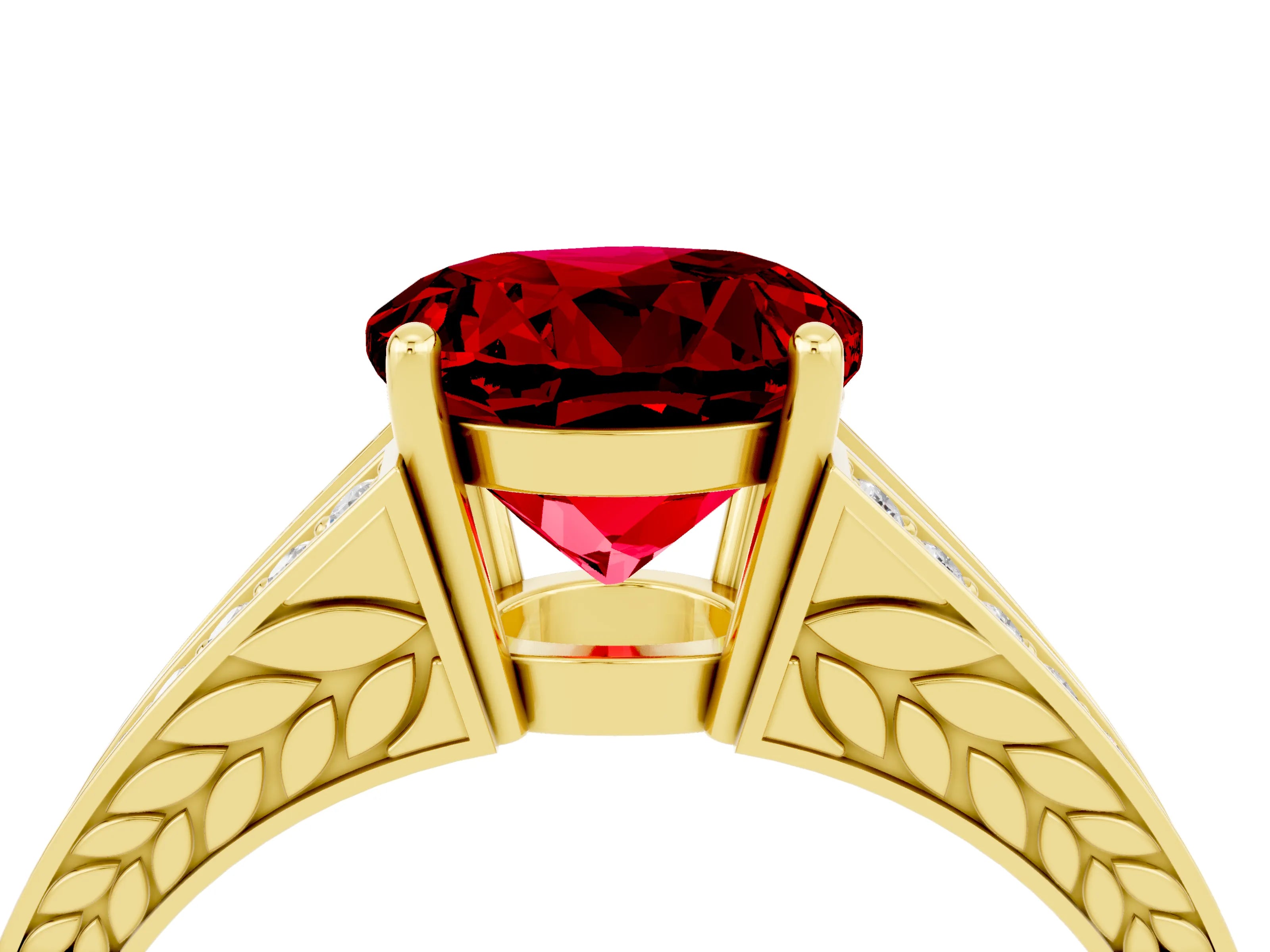Yellow gold Round Cut Ruby Split Shank Ring with Pavé Band and Four-Prong Setting_4