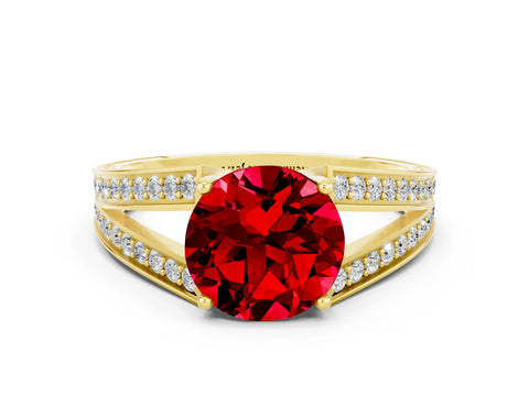 Yellow gold Round Cut Ruby Split Shank Ring with Pavé Band and Four-Prong Setting