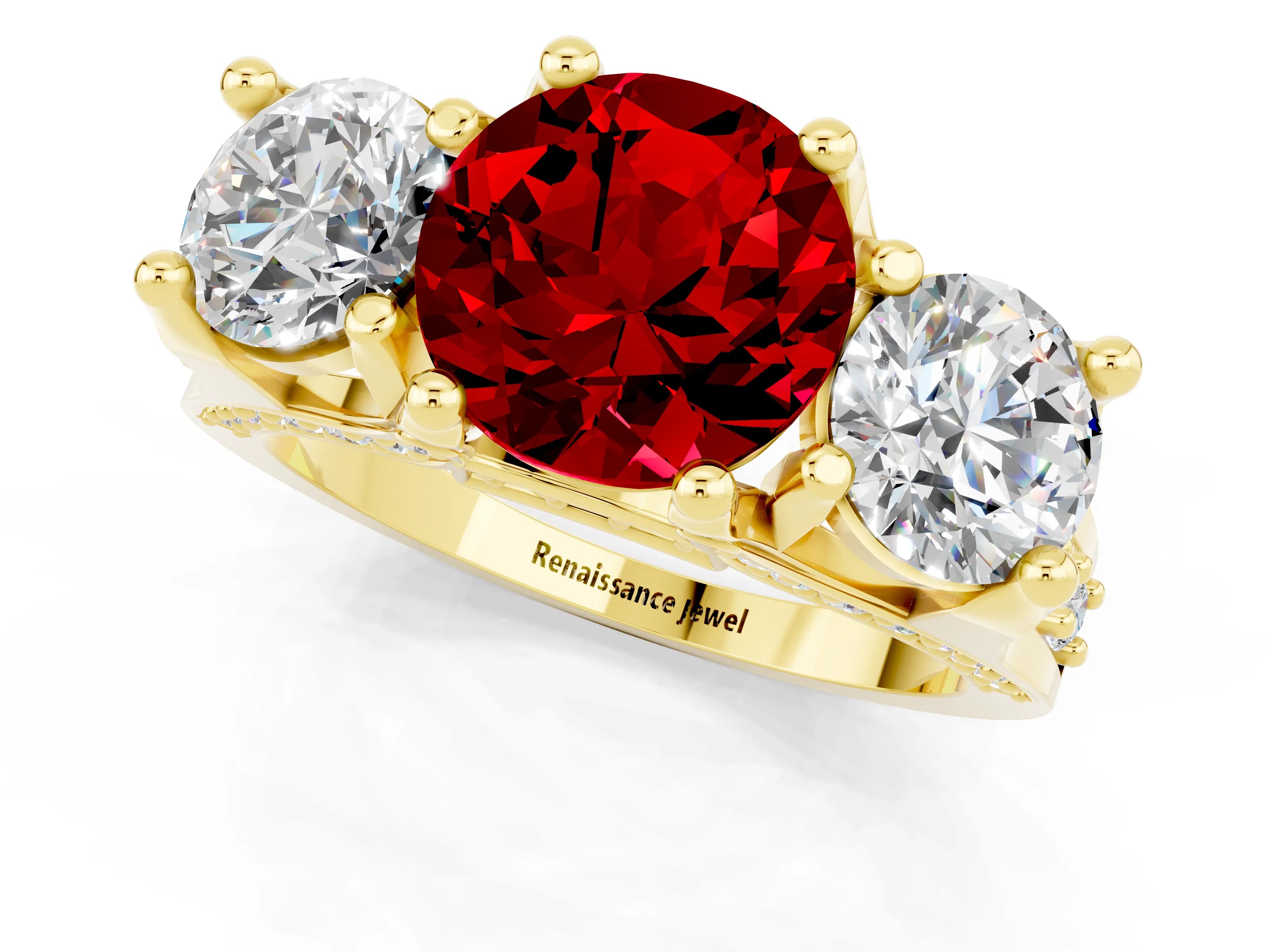 Yellow gold Round Cut Ruby Three-Stone Ring with Channel Set Band and Four-Prong Setting_1