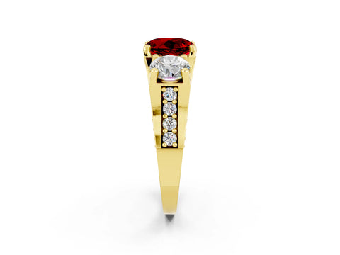 Yellow gold Round Cut Ruby Three-Stone Ring with Channel Set Band and Four-Prong Setting_2