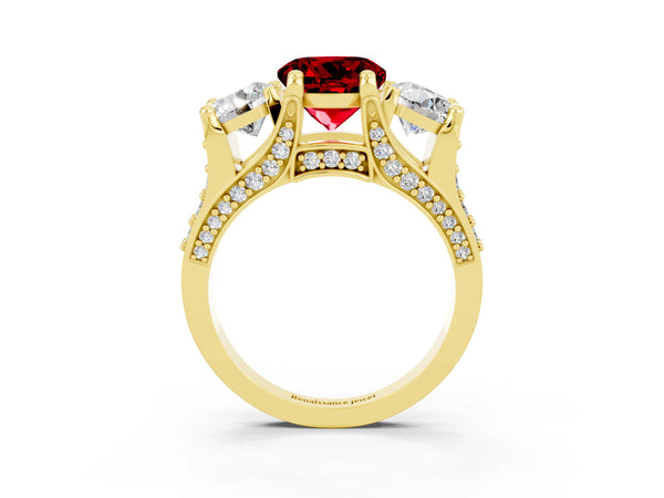 Yellow gold Round Cut Ruby Three-Stone Ring with Channel Set Band and Four-Prong Setting