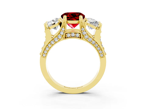 Yellow gold Round Cut Ruby Three-Stone Ring with Channel Set Band and Four-Prong Setting_3