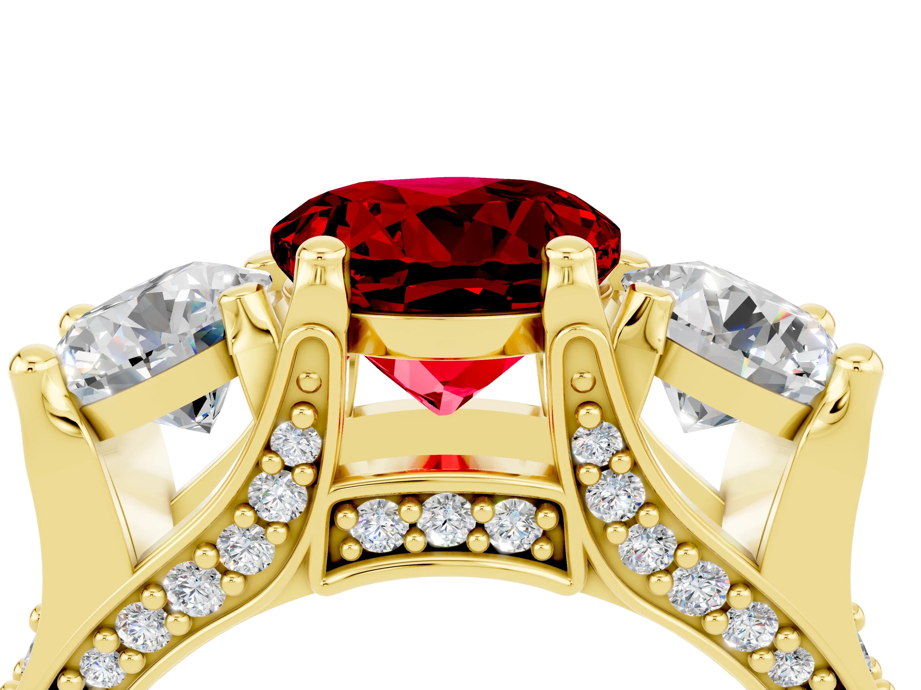Yellow gold Round Cut Ruby Three-Stone Ring with Channel Set Band and Four-Prong Setting_4