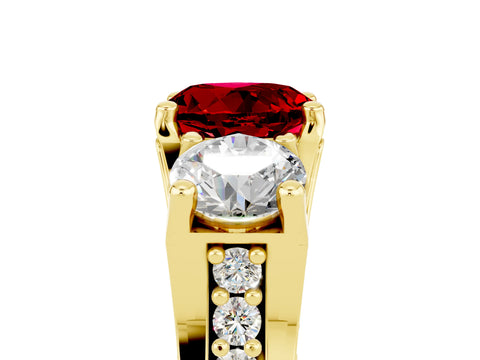 Yellow gold Round Cut Ruby Three-Stone Ring with Channel Set Band and Four-Prong Setting_5