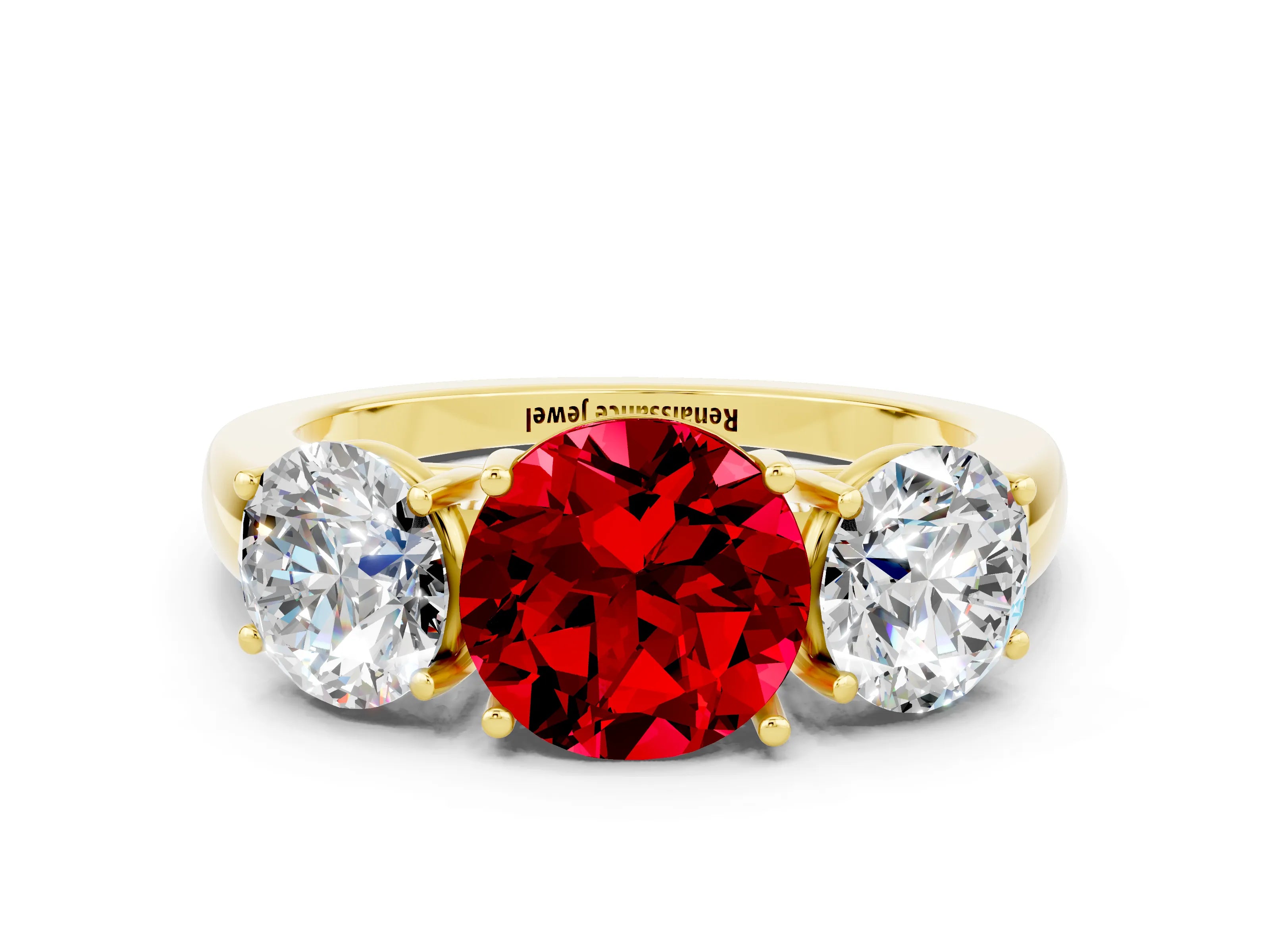 Yellow gold Round Cut Ruby Three-Stone Ring with Four-Prong Setting and Classic Band
