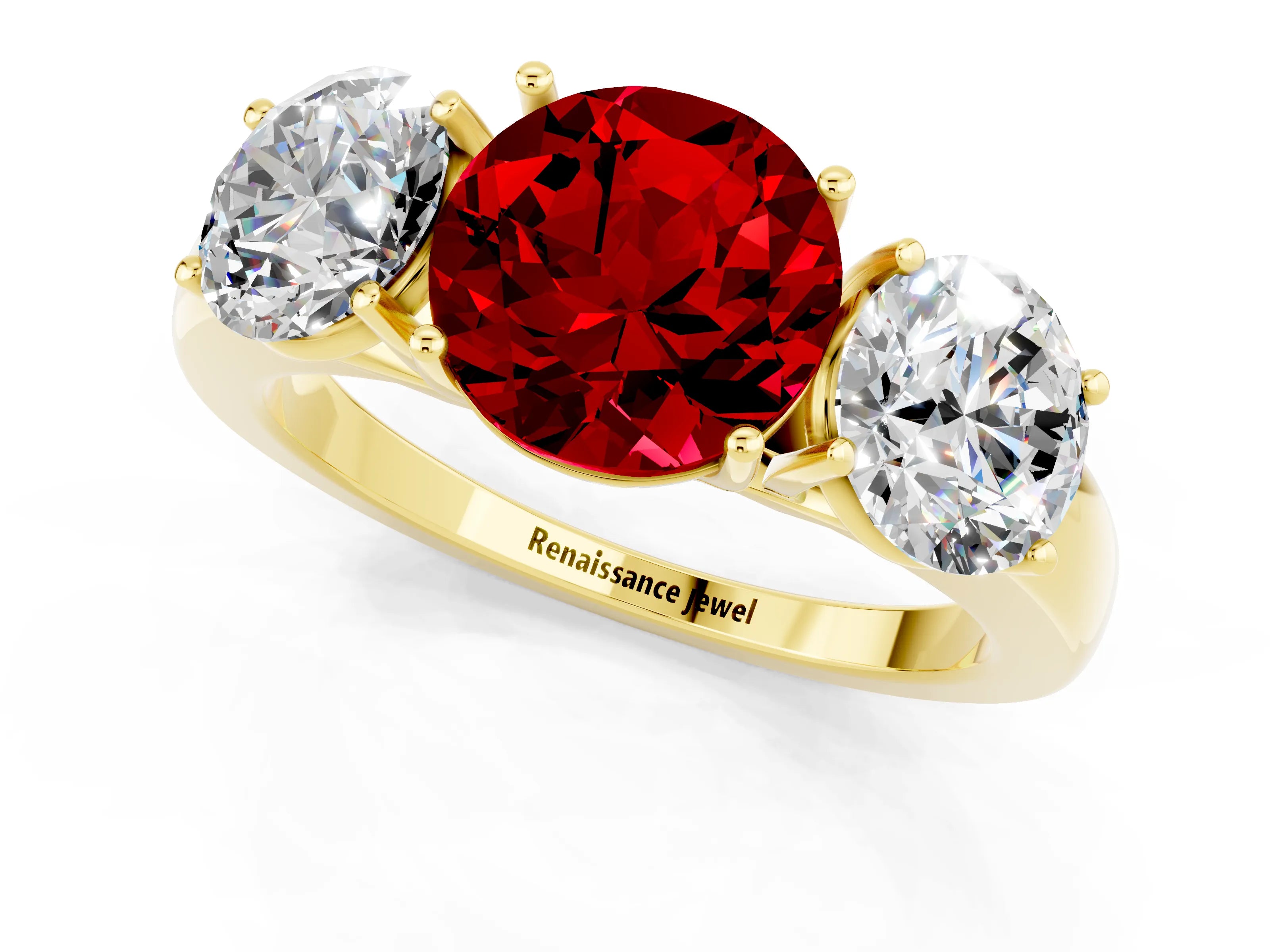 Yellow gold Round Cut Ruby Three-Stone Ring with Four-Prong Setting and Classic Band_1