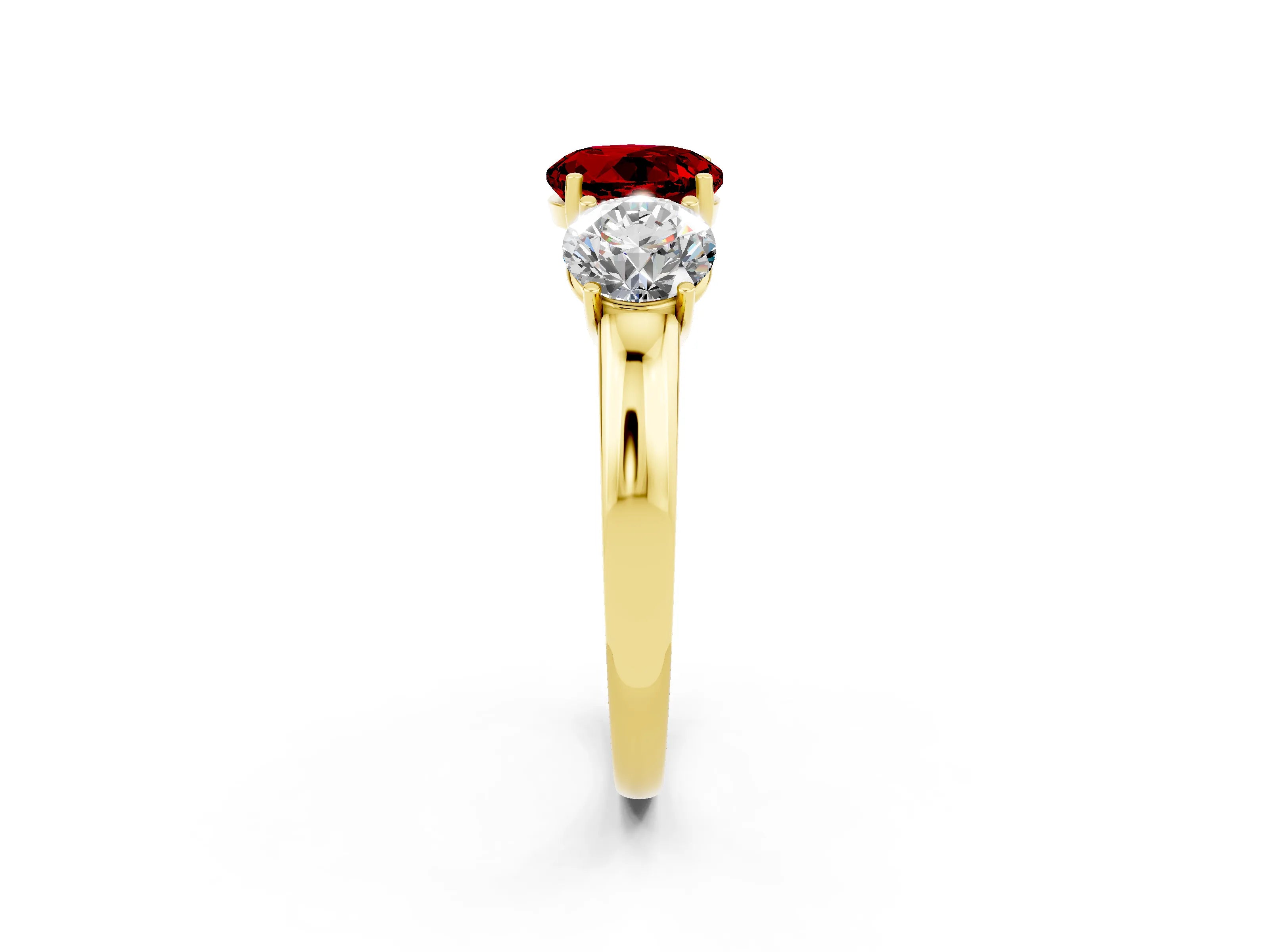 Yellow gold Round Cut Ruby Three-Stone Ring with Four-Prong Setting and Classic Band_2