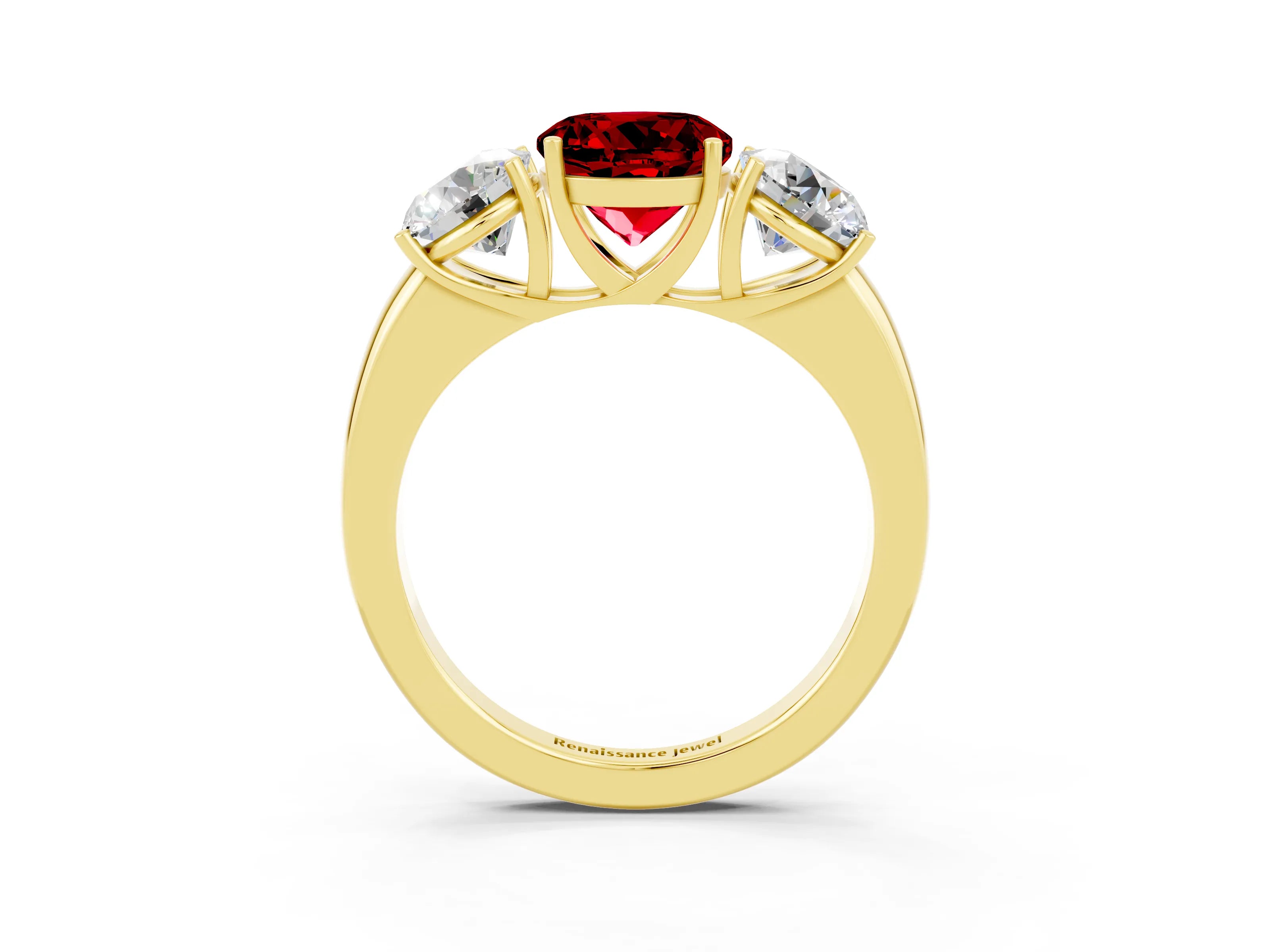 Yellow gold Round Cut Ruby Three-Stone Ring with Four-Prong Setting and Classic Band_3