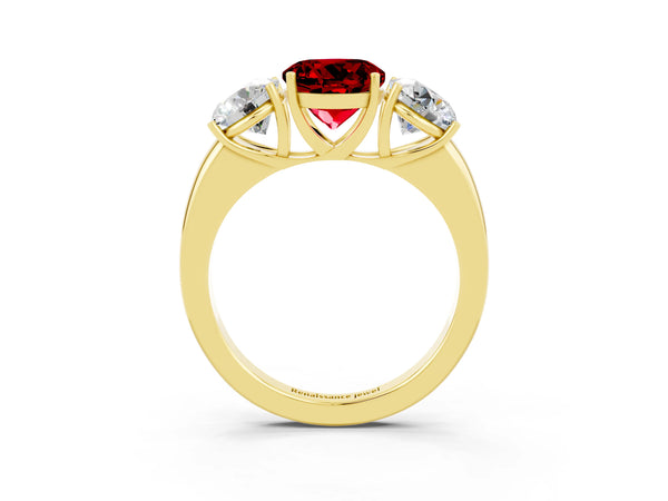 Yellow gold Round Cut Ruby Three-Stone Ring with Four-Prong Setting and Classic Band