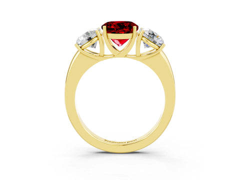 Yellow gold Round Cut Ruby Three-Stone Ring with Four-Prong Setting and Classic Band_3