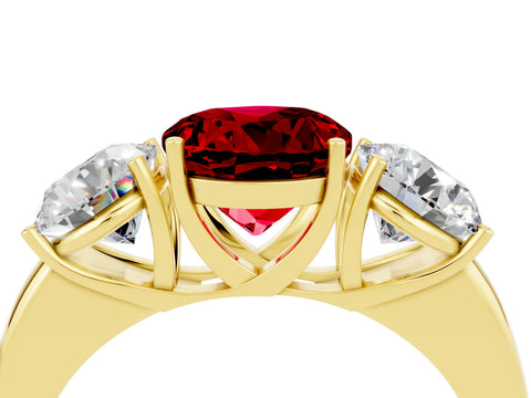 Yellow gold Round Cut Ruby Three-Stone Ring with Four-Prong Setting and Classic Band_4
