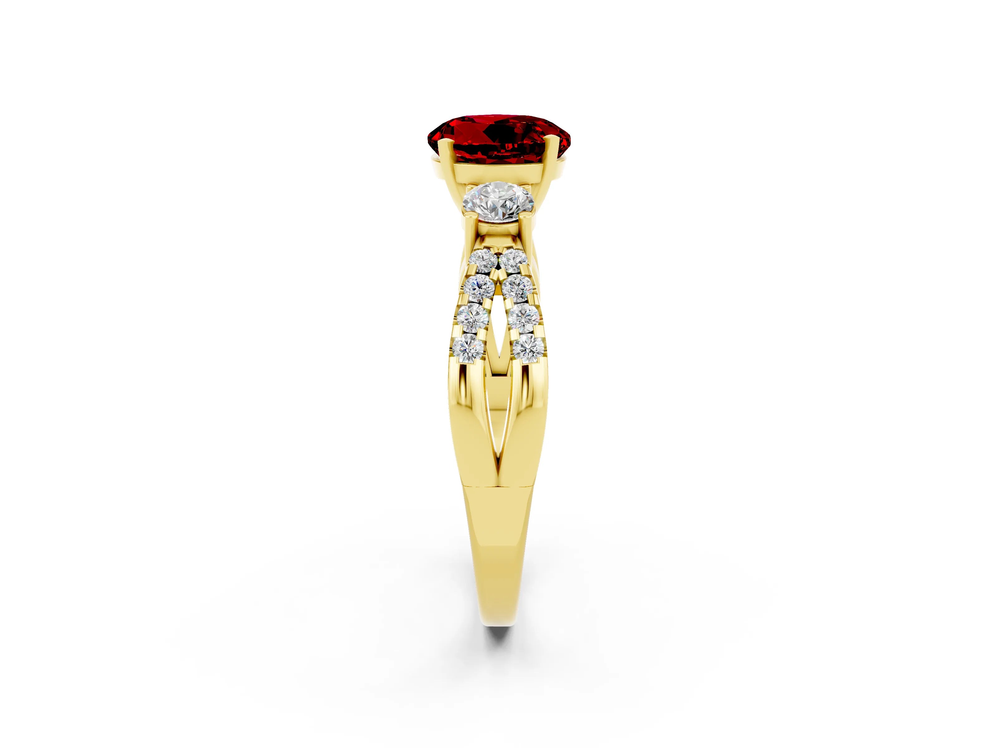 Yellow gold Round Cut Ruby Three-Stone Ring with Pavé Split Shank and Four-Prong Setting_2