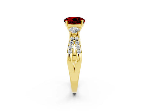 Yellow gold Round Cut Ruby Three-Stone Ring with Pavé Split Shank and Four-Prong Setting_2