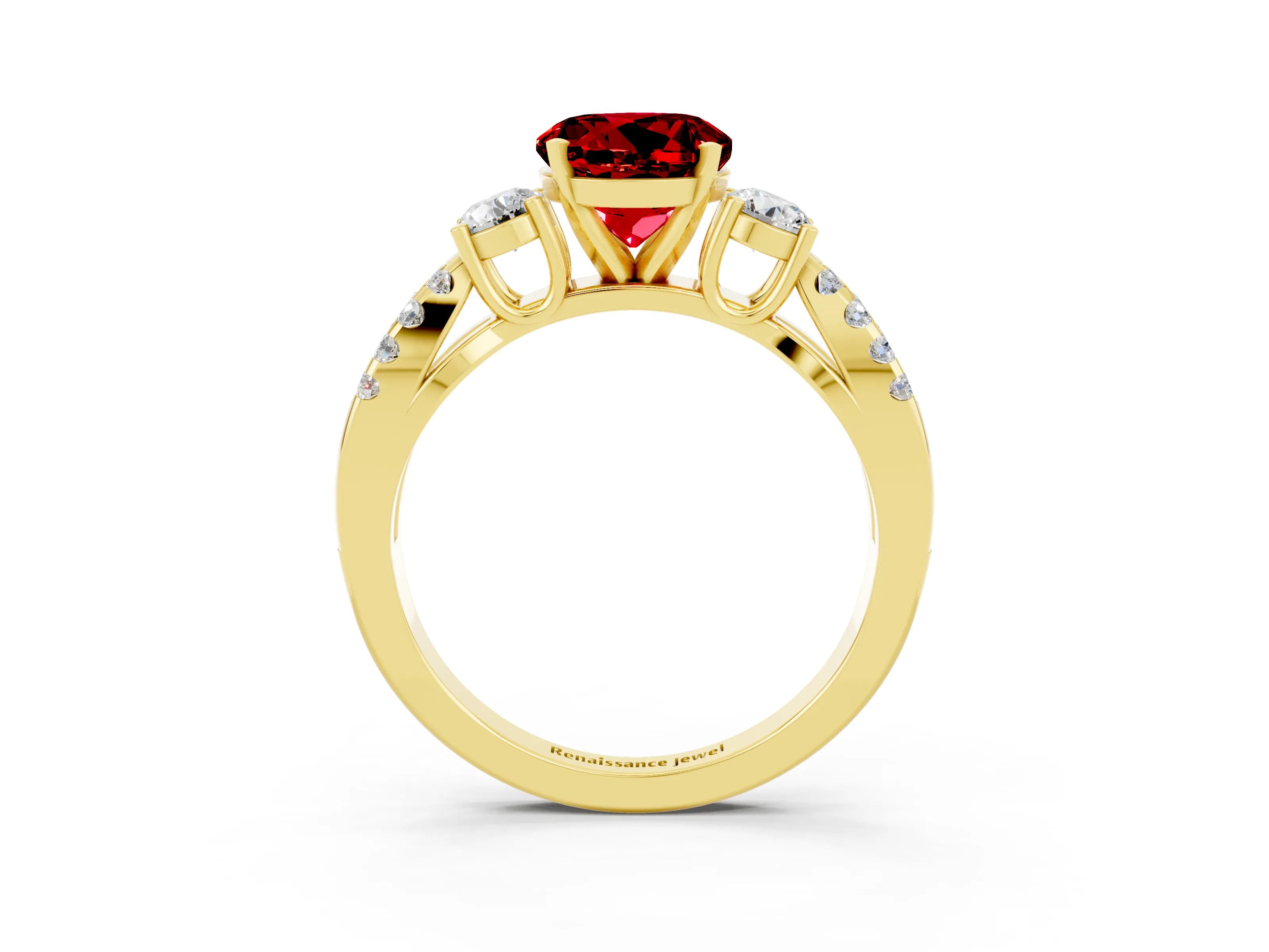 Yellow gold Round Cut Ruby Three-Stone Ring with Pavé Split Shank and Four-Prong Setting_3