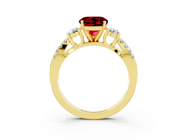 Yellow gold Round Cut Ruby Three-Stone Ring with Pavé Split Shank and Four-Prong Setting
