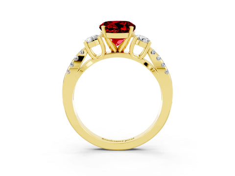 Yellow gold Round Cut Ruby Three-Stone Ring with Pavé Split Shank and Four-Prong Setting_3