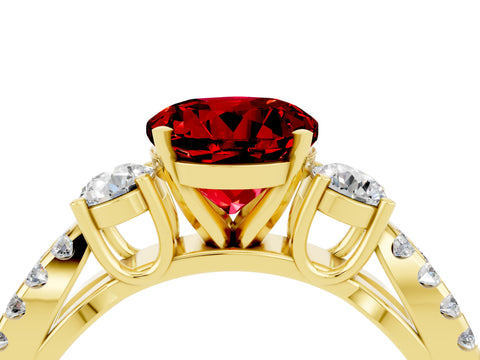 Yellow gold Round Cut Ruby Three-Stone Ring with Pavé Split Shank and Four-Prong Setting_4