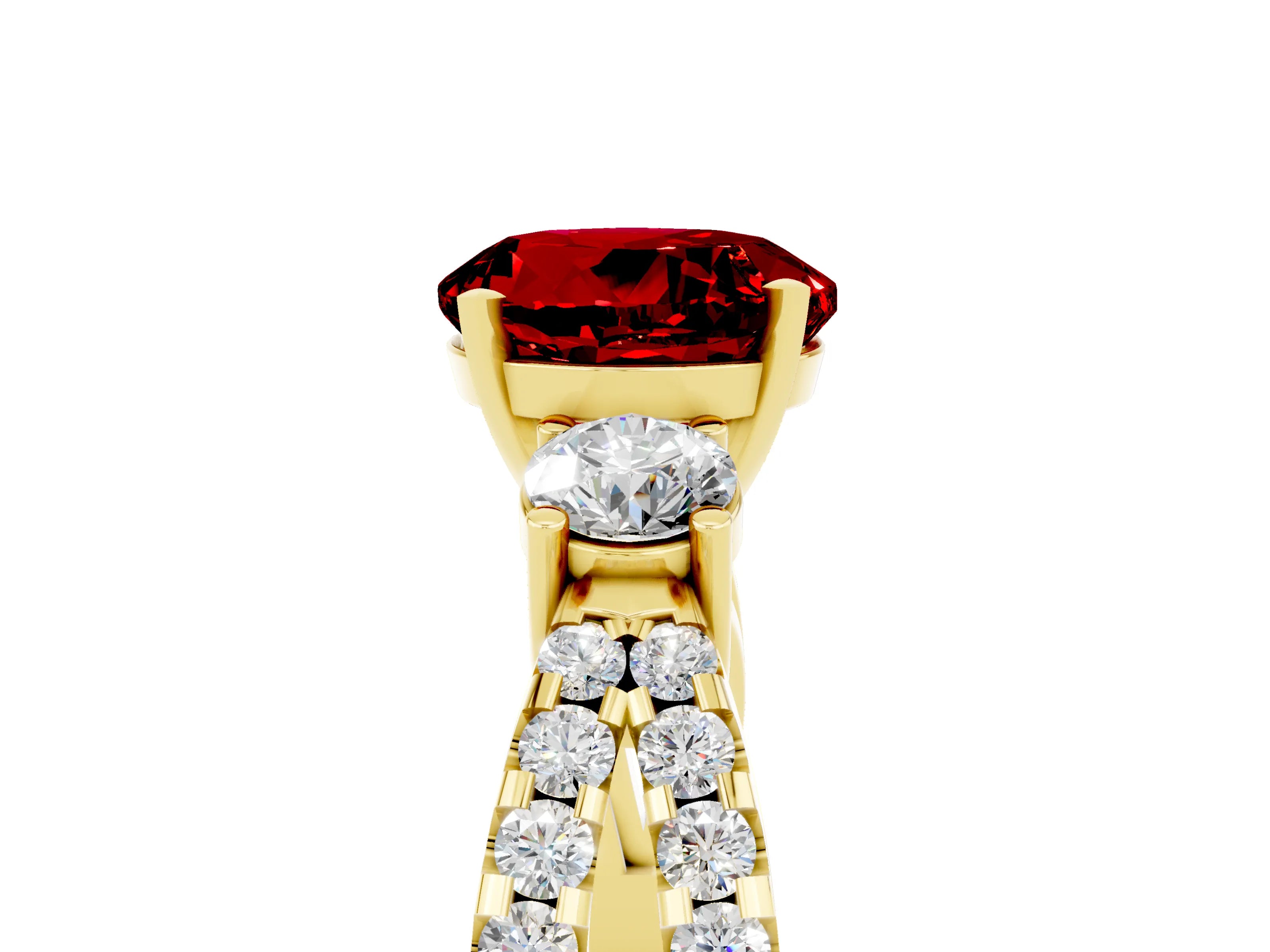 Yellow gold Round Cut Ruby Three-Stone Ring with Pavé Split Shank and Four-Prong Setting_5