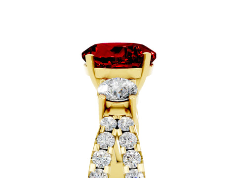 Yellow gold Round Cut Ruby Three-Stone Ring with Pavé Split Shank and Four-Prong Setting_5