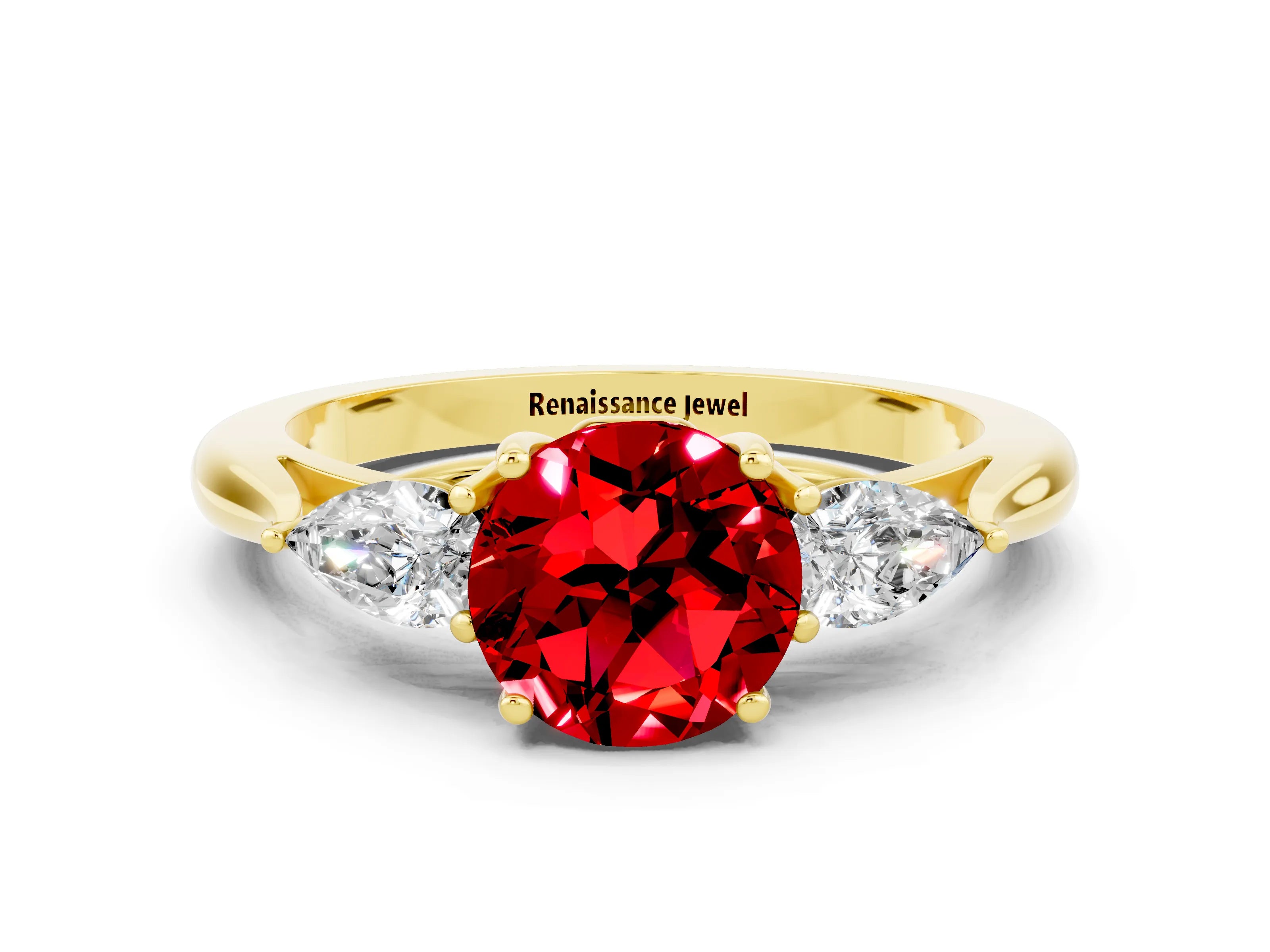 Yellow gold Round Cut Ruby Three-Stone Ring with Pear Side Stones and Four-Prong Setting_12