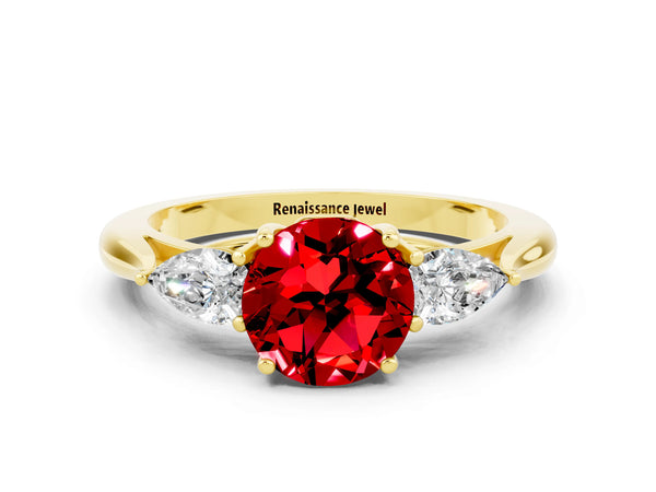 Yellow gold Round Cut Ruby Three-Stone Ring with Pear  Side Stones and Prong Setting
