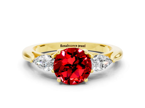 Yellow gold Round Cut Ruby Three-Stone Ring with Pear Side Stones and Four-Prong Setting_12