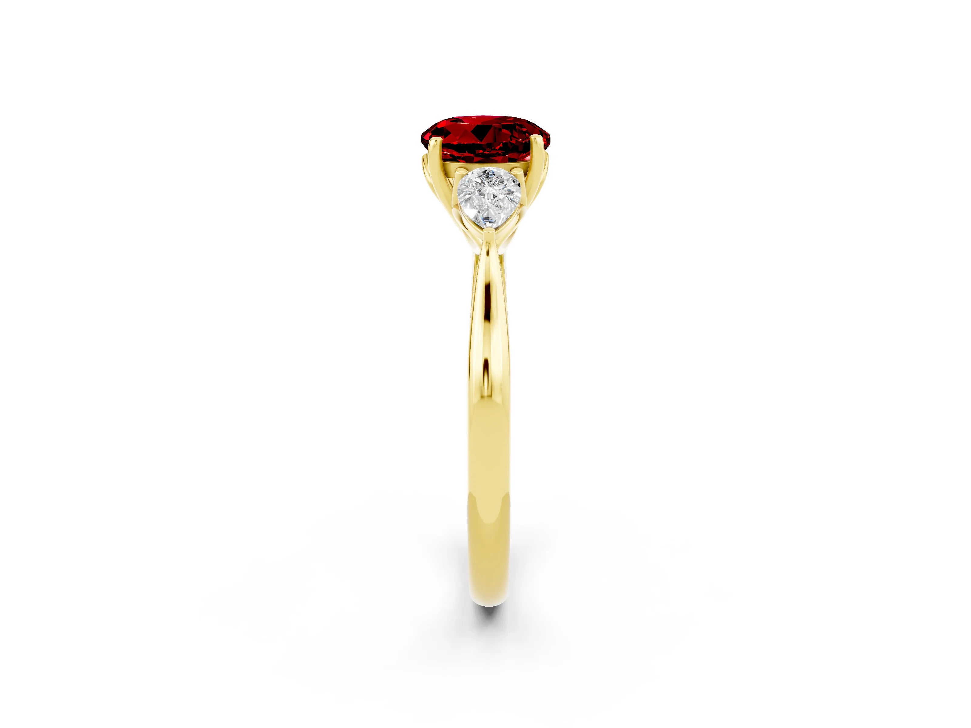 Yellow gold Round Cut Ruby Three-Stone Ring with Pear Side Stones and Four-Prong Setting_14