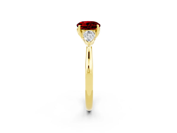 Yellow gold Round Cut Ruby Three-Stone Ring with Pear  Side Stones and Prong Setting