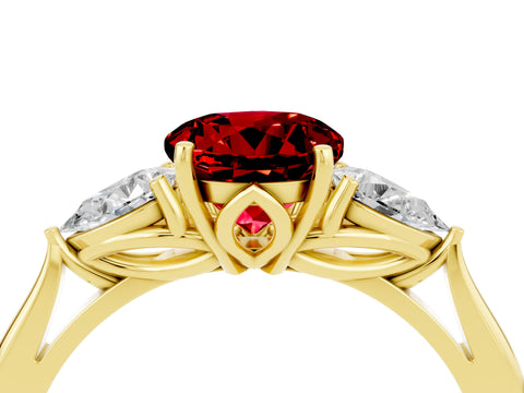 Yellow gold Round Cut Ruby Three-Stone Ring with Pear Side Stones and Four-Prong Setting_16