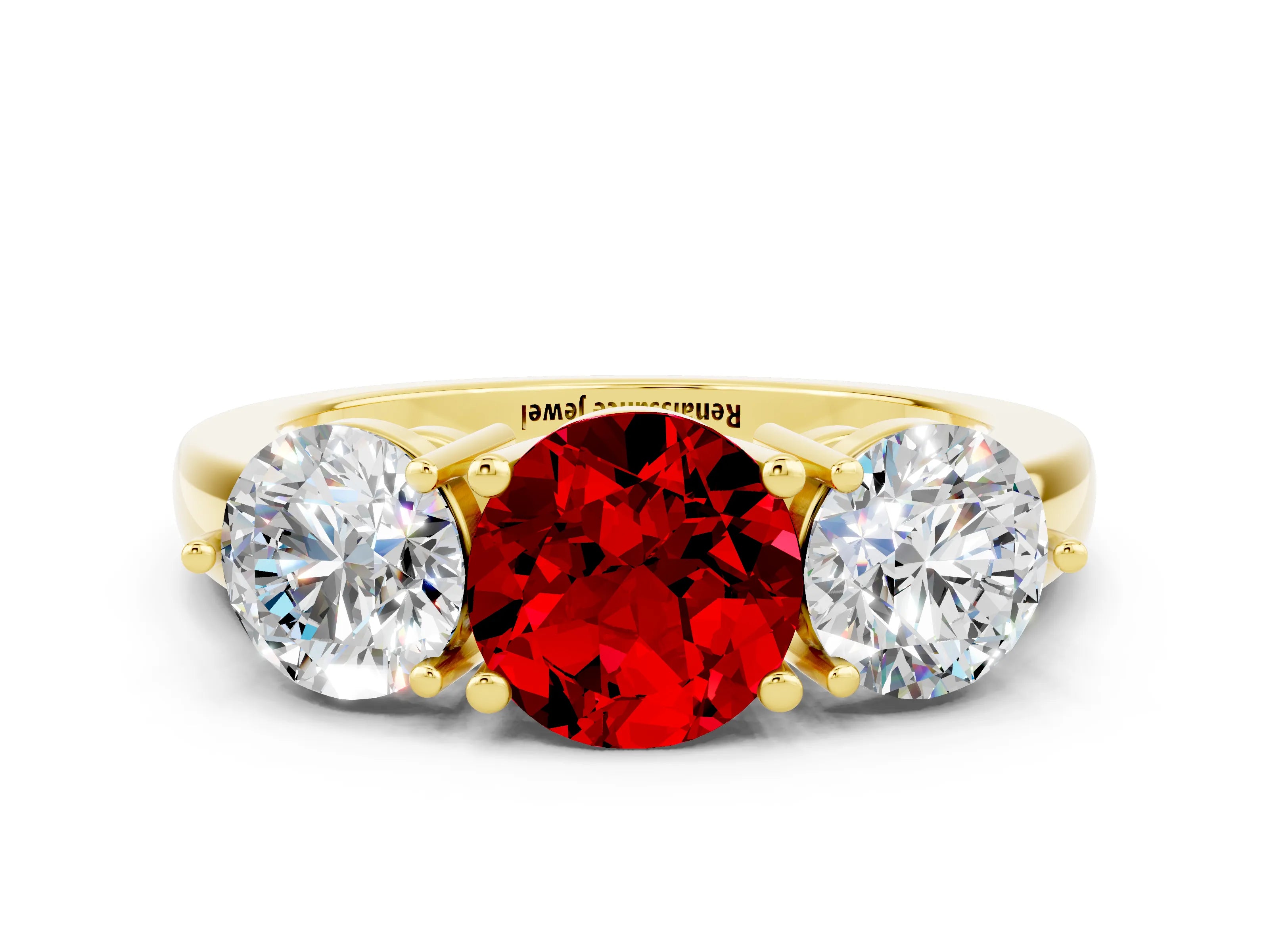 Yellow gold Round Cut Ruby Three-Stone Ring with Prong Setting and Classic Band
