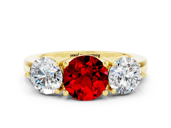 Yellow gold Round Cut Ruby Three-Stone Ring with Prong Setting and Classic Band