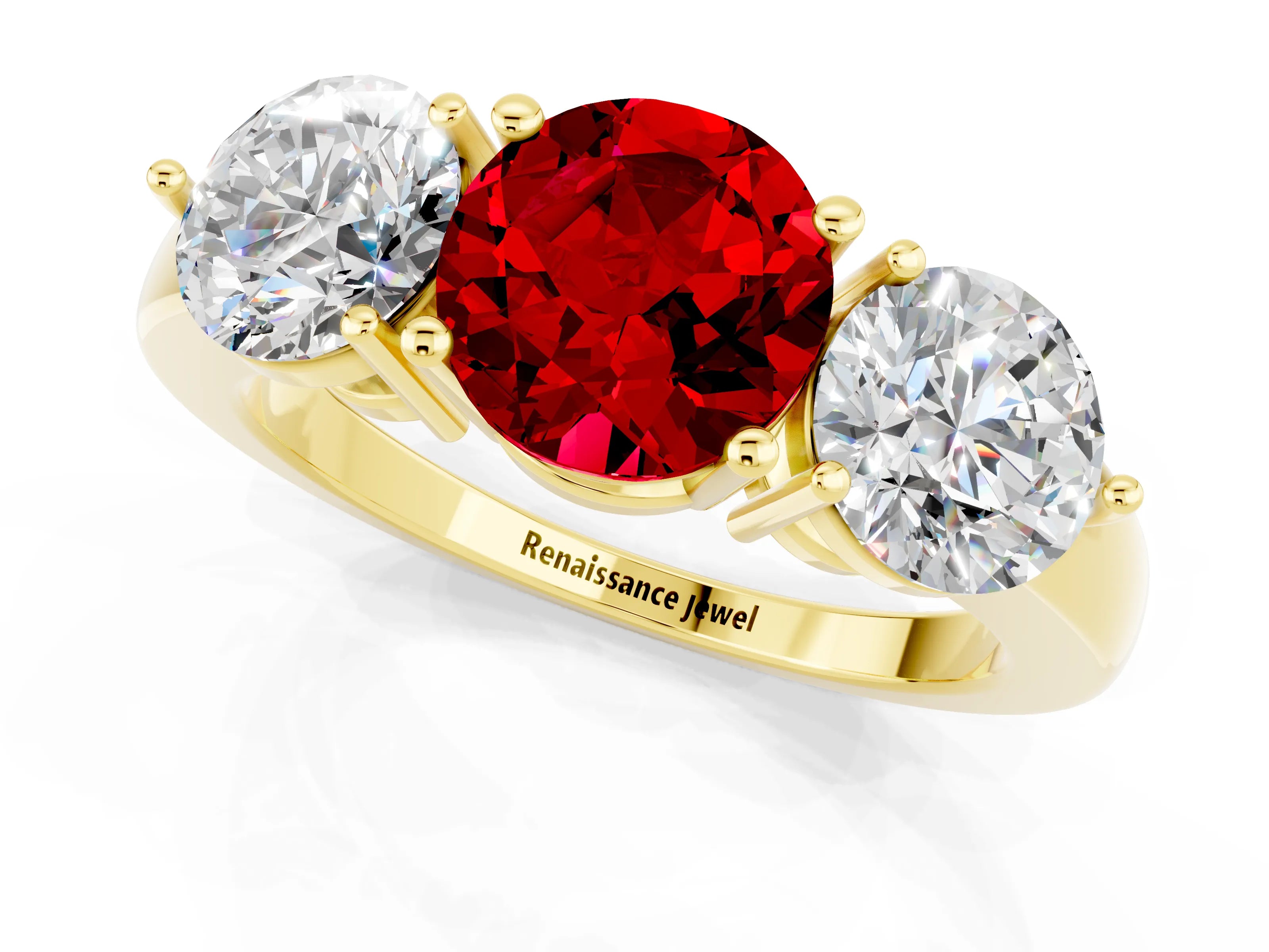 Yellow gold Round Cut Ruby Three-Stone Ring with Prong Setting and Classic Band_1