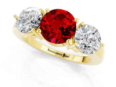 Yellow gold Round Cut Ruby Three-Stone Ring with Prong Setting and Classic Band_1