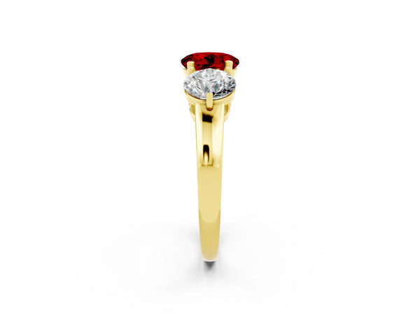Yellow gold Round Cut Ruby Three-Stone Ring with Prong Setting and Classic Band