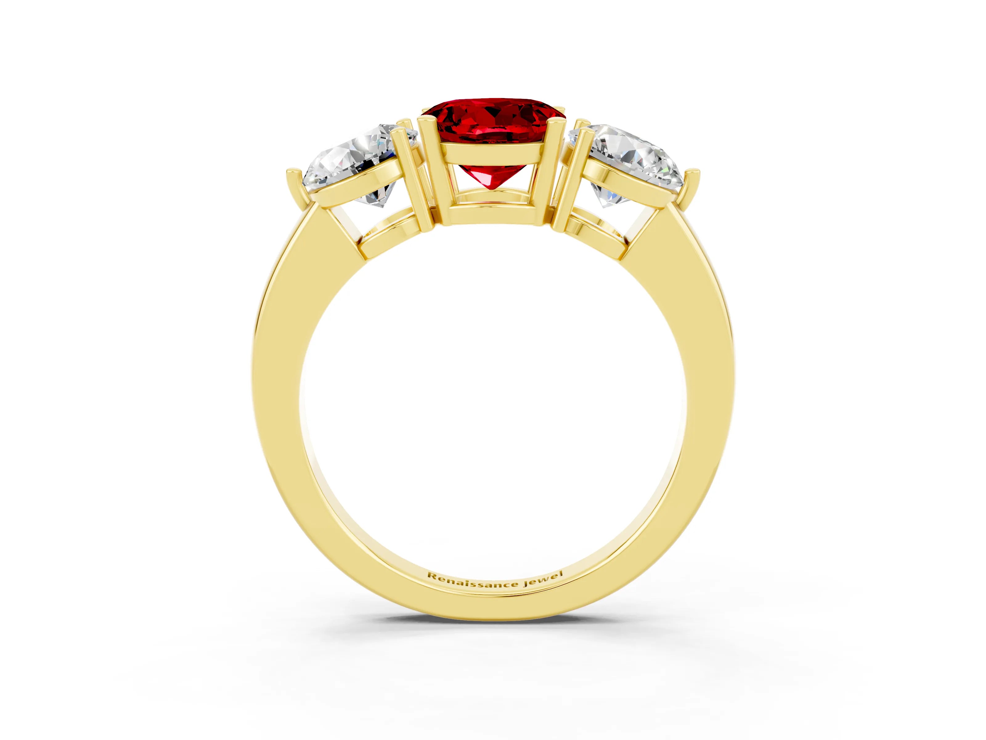 Yellow gold Round Cut Ruby Three-Stone Ring with Prong Setting and Classic Band_3