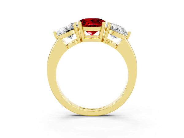 Yellow gold Round Cut Ruby Three-Stone Ring with Prong Setting and Classic Band