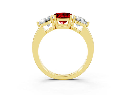 Yellow gold Round Cut Ruby Three-Stone Ring with Prong Setting and Classic Band_3